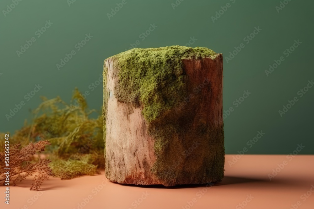 mossy stump placed on a wooden table. Generative AI