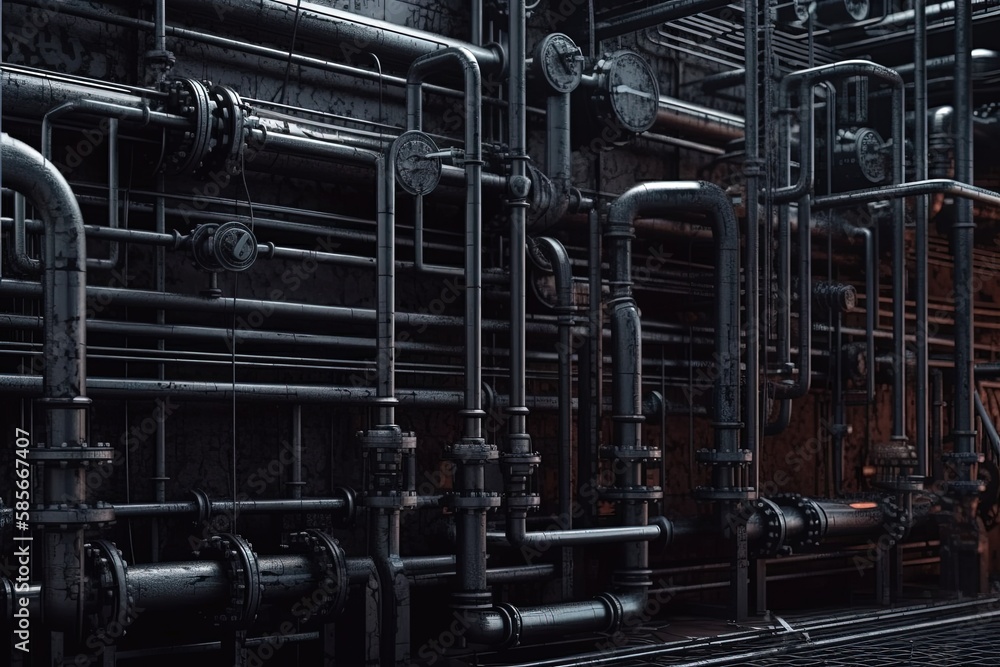 maze of pipes and valves in an industrial setting. Generative AI