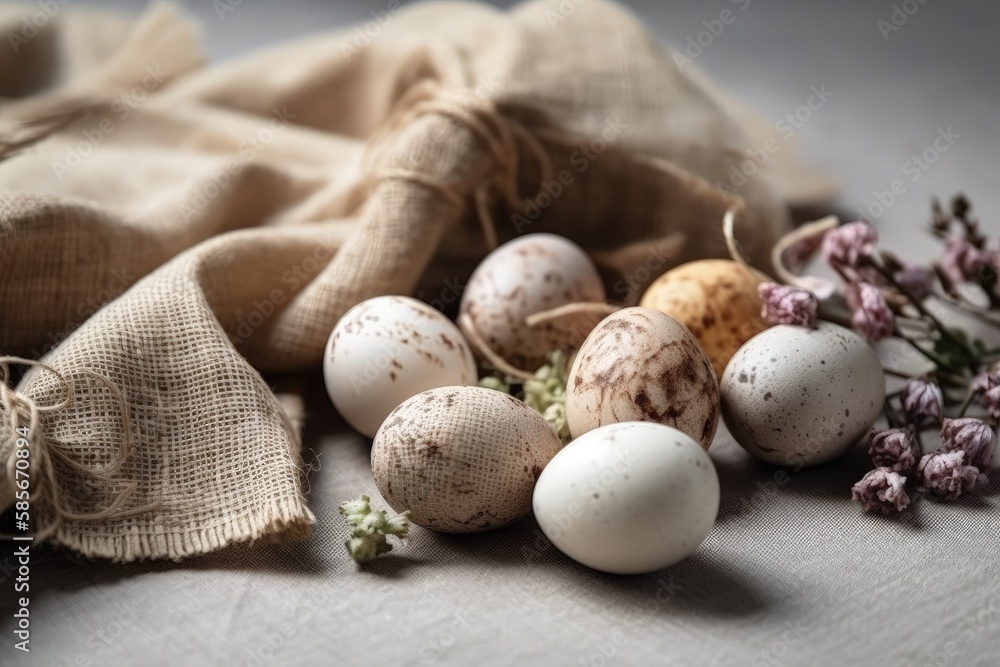 eggs in a basket on a wooden table. Generative AI