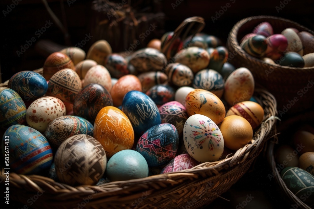 basket overflowing with brightly colored Easter eggs. Generative AI