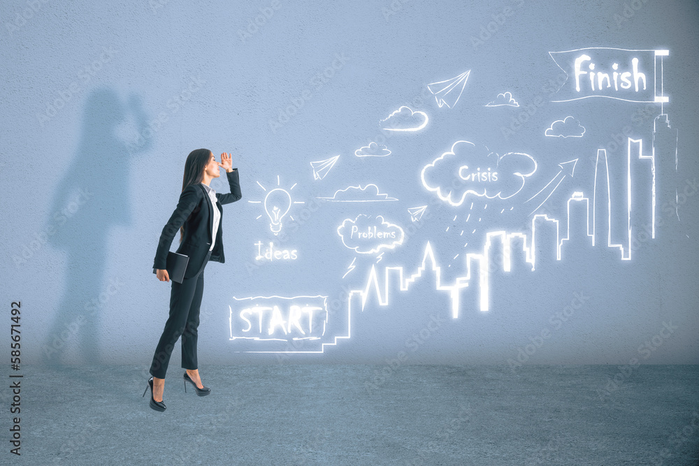 Attractive young european businesswoman looking into the distance and standing on concrete wall back