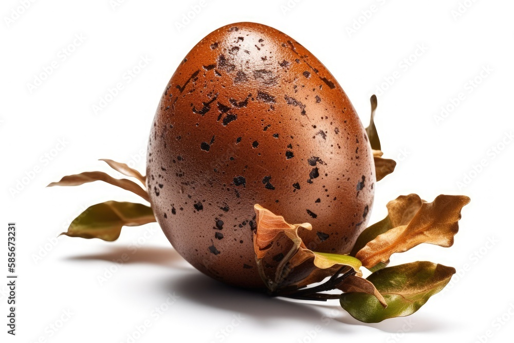 brown egg perched on a green leafy branch. Generative AI