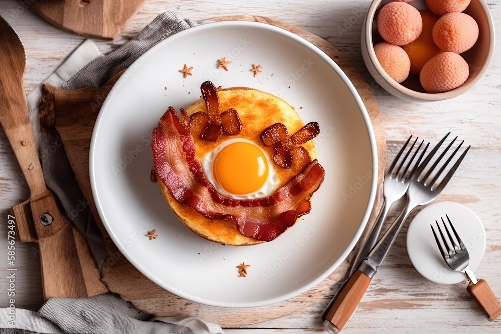 breakfast dish featuring bacon and egg on a white plate. Generative AI