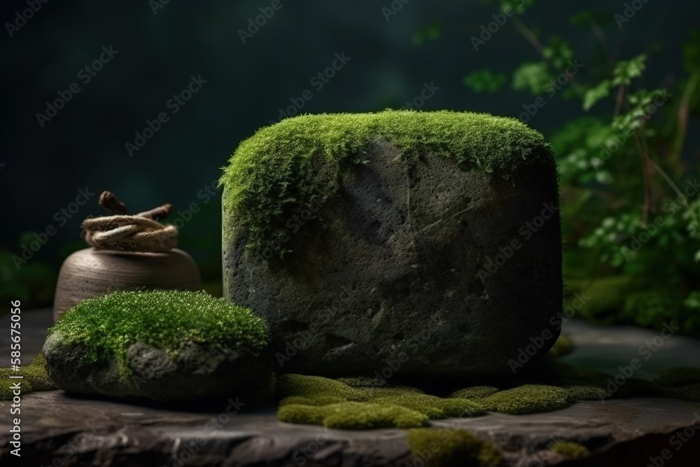 moss-covered rock and a vase in a natural setting. Generative AI