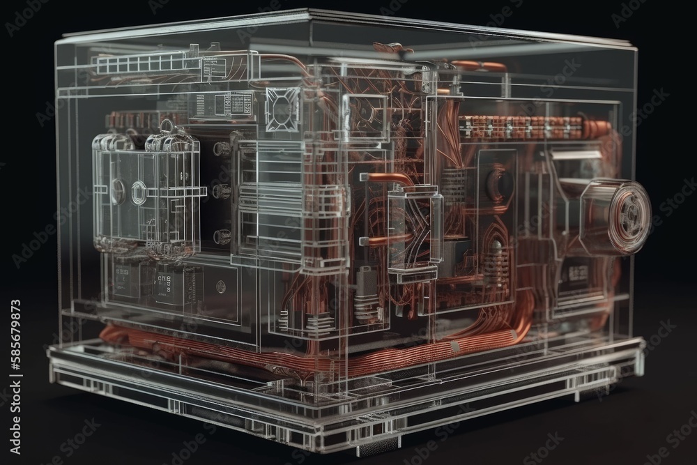 transparent case displaying a 3D model of a machine. Generative AI