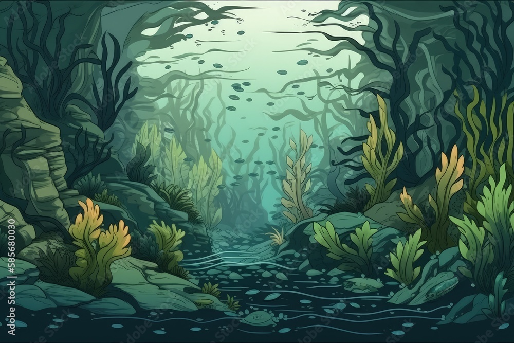 an underwater world with vibrant plants and rocky formations. Generative AI