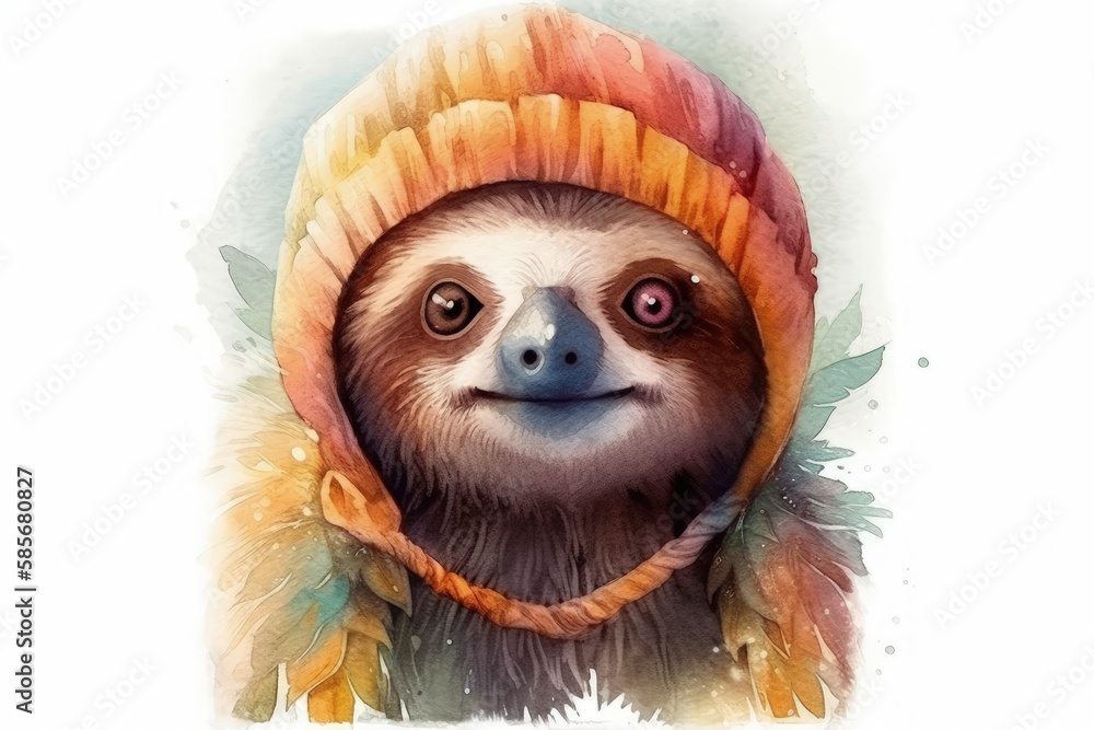 cute sloth wearing a stylish feathered hat. Generative AI