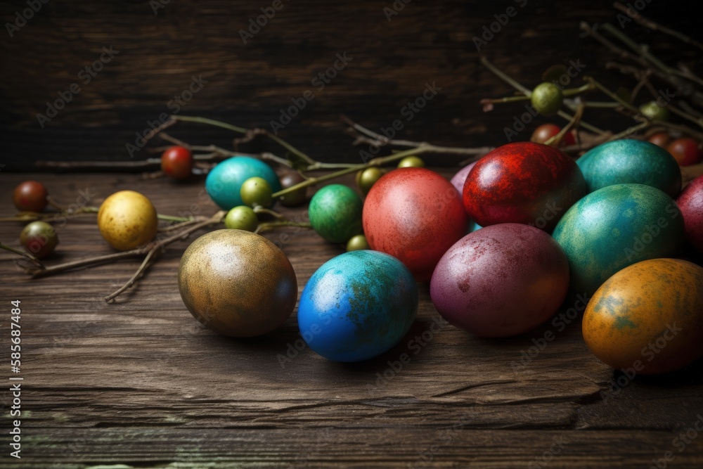 colorful Easter eggs arranged on a wooden table. Generative AI