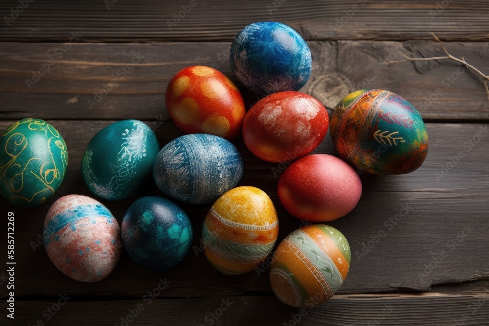 colorful painted eggs arranged on a wooden table. Generative AI