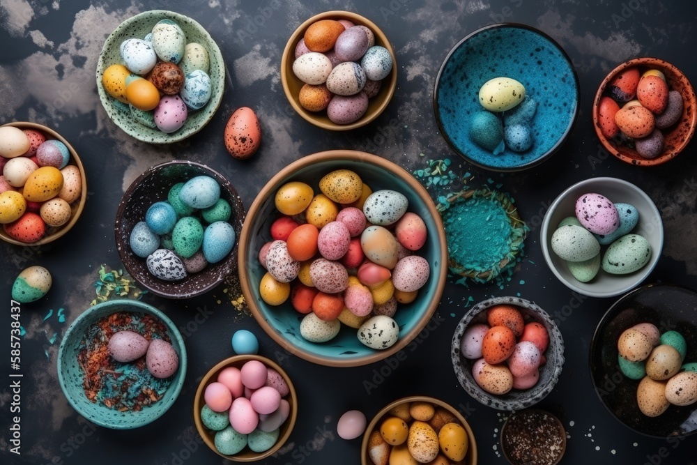 table filled with bowls of colorful Easter eggs. Generative AI