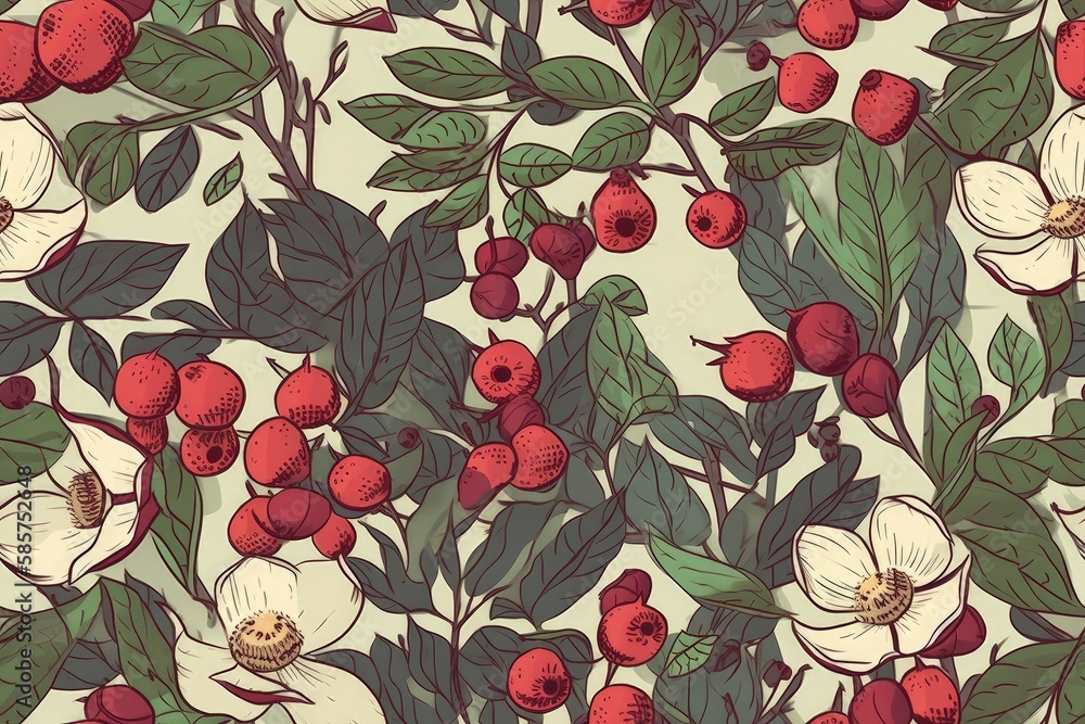 floral pattern featuring red and white flowers and leaves. Generative AI