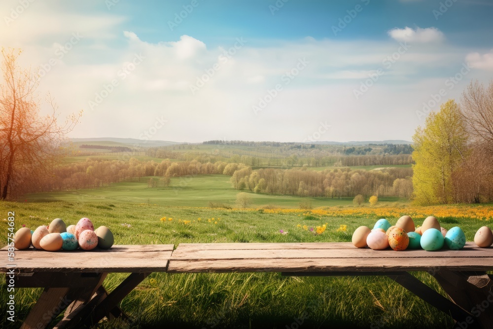 colorful Easter-themed picnic table with painted eggs. Generative AI