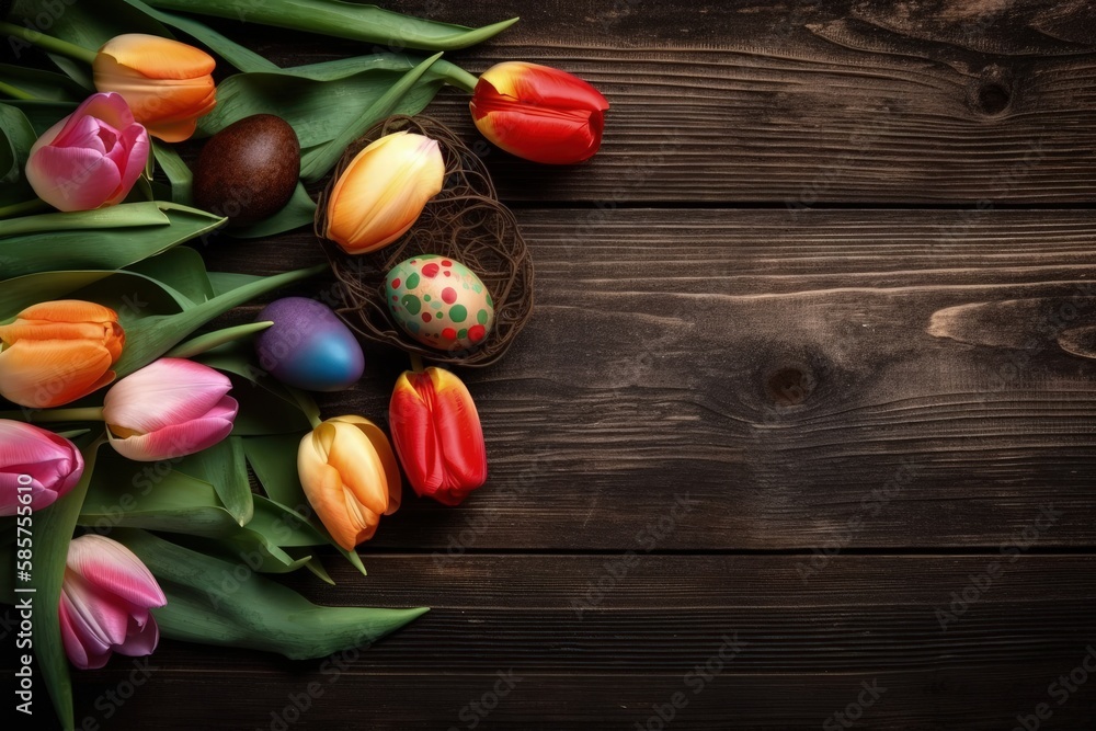 vibrant tulips arranged on a rustic wooden table. Generative AI