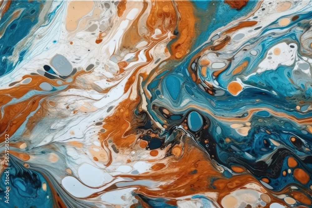 an abstract painting featuring blue, orange, and white colors. Generative AI