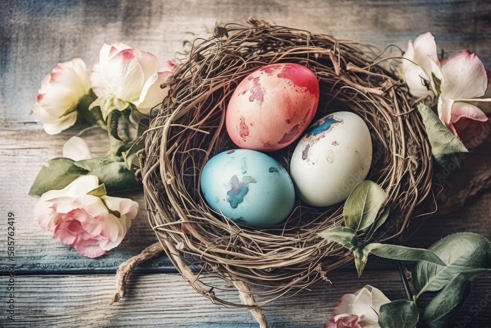 three eggs in a nest surrounded by colorful flowers on a wooden table. Generative AI