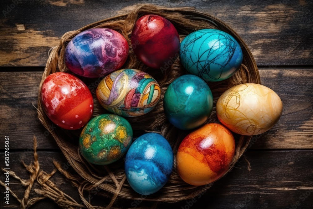 festive Easter basket filled with colorful painted eggs on a wooden table. Generative AI