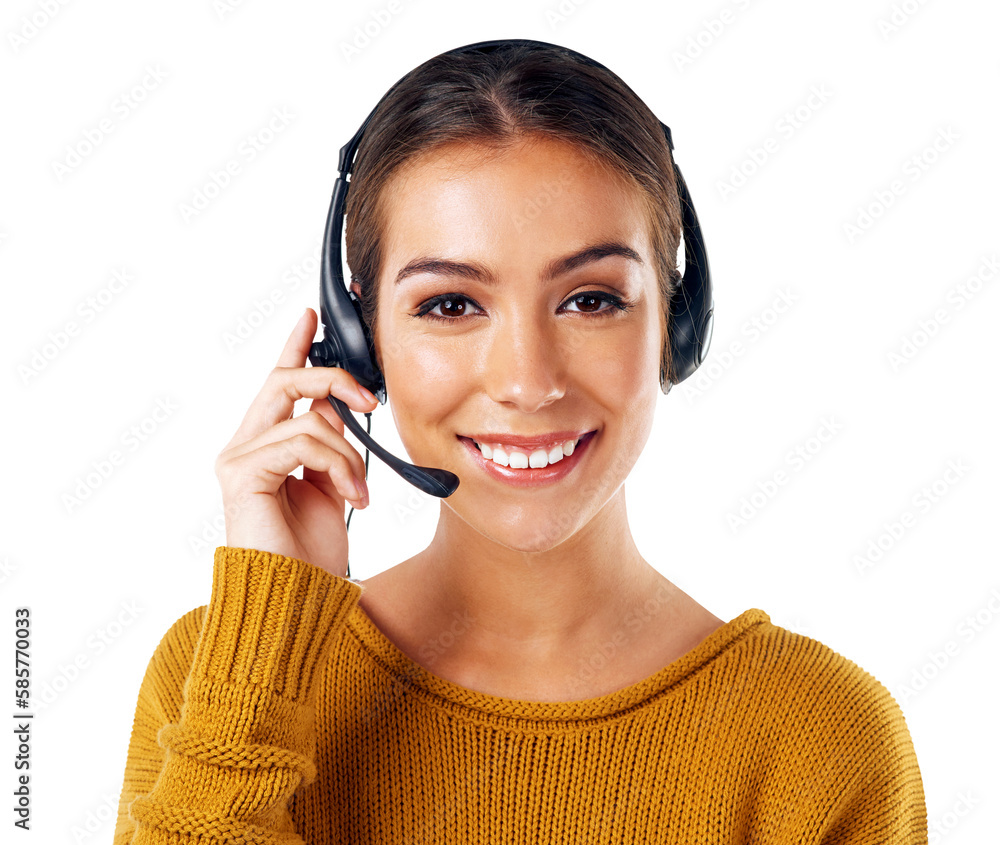 Contact us, customer service and portrait of a happy woman working in a call center while isolated o