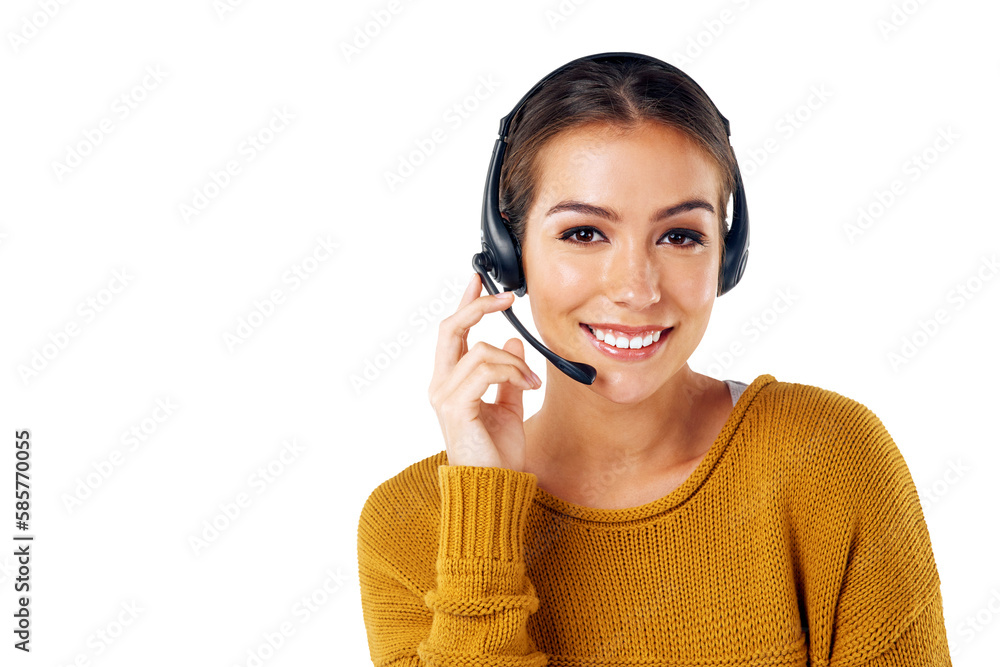 Customer service, portrait and smiling woman with headset for help and online communication isolated