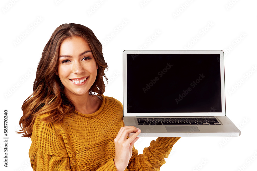 Portrait, happy woman and blank laptop for studying and elearning research online while isolated on 