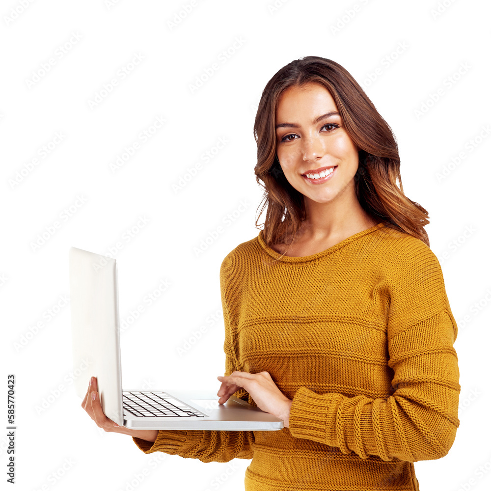 Elearning, laptop and portrait of happy woman searching online for communication while isolated on a