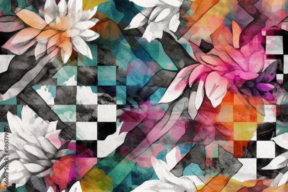 colorful bouquet of flowers against a checkered backdrop. Generative AI