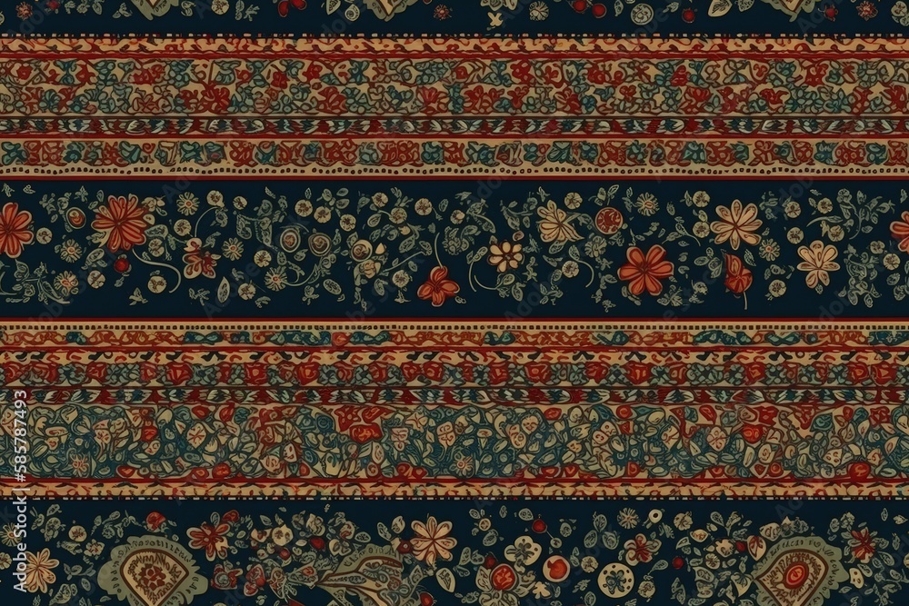 vibrant blue and red rug with intricate patterns and textures. Generative AI