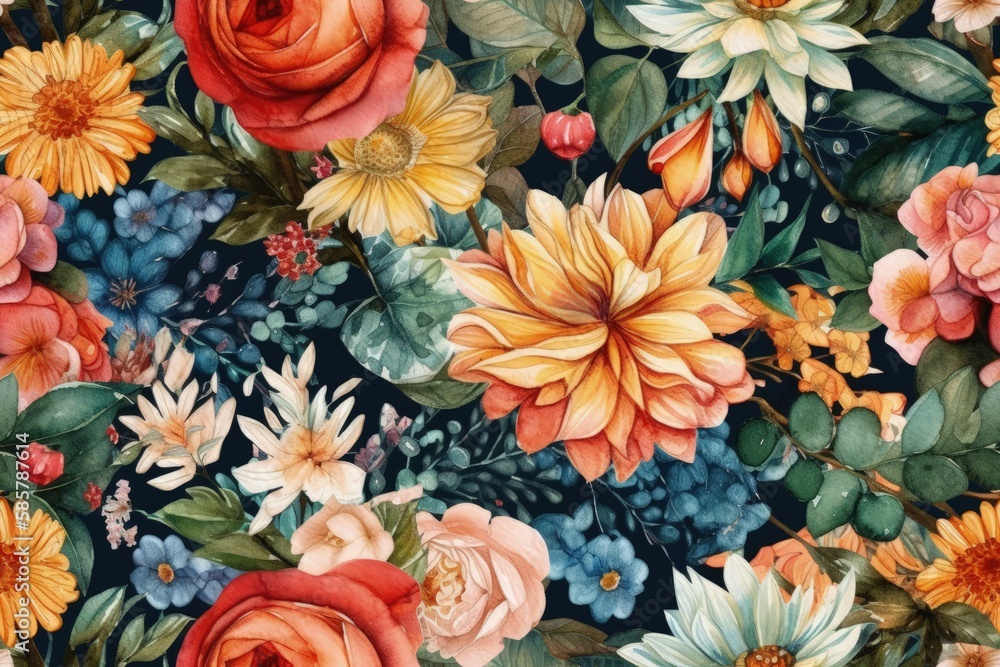 colorful flowers and leaves on a dark background. Generative AI