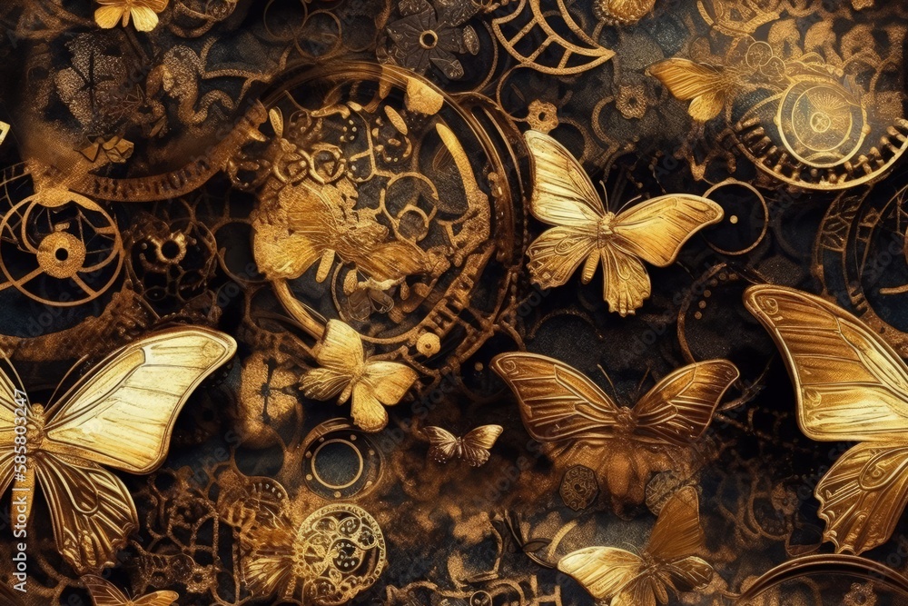 swarm of golden butterflies against a dark background. Generative AI