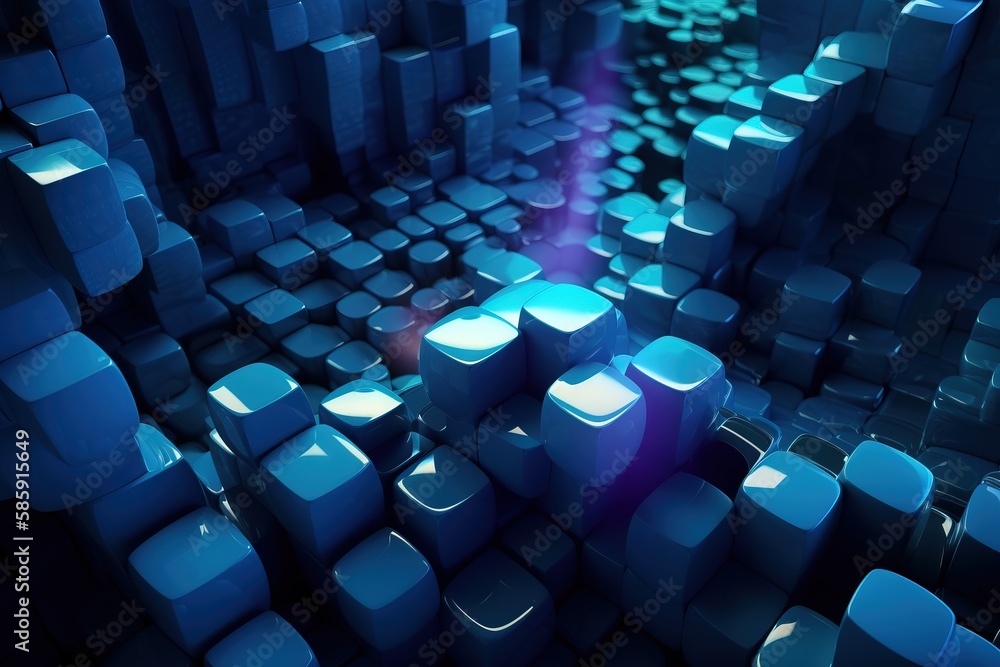  a computer generated image of blue cubes in a dark room with a bright light coming out of the cente