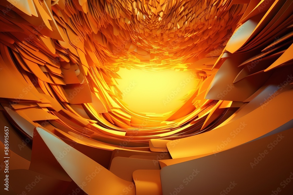  an abstract image of a yellow light coming out of a hole in the wall of a building with a sun in th