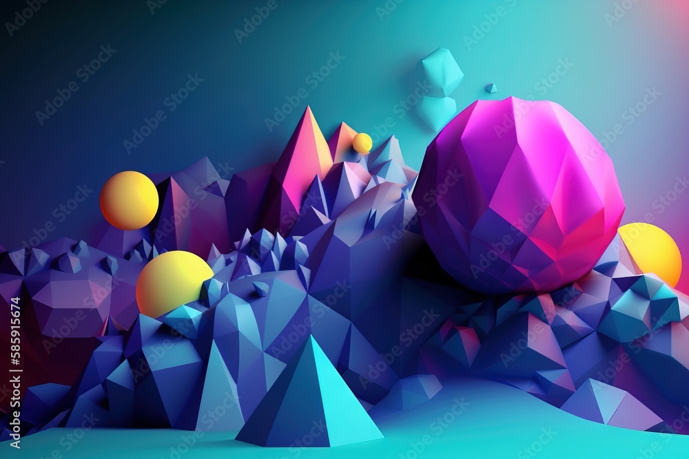  a colorful abstract background with mountains and balls in the middle of the image, with a blue sky