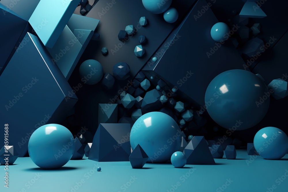  a blue abstract background with a bunch of balls and cubes in the middle of the image and a person 