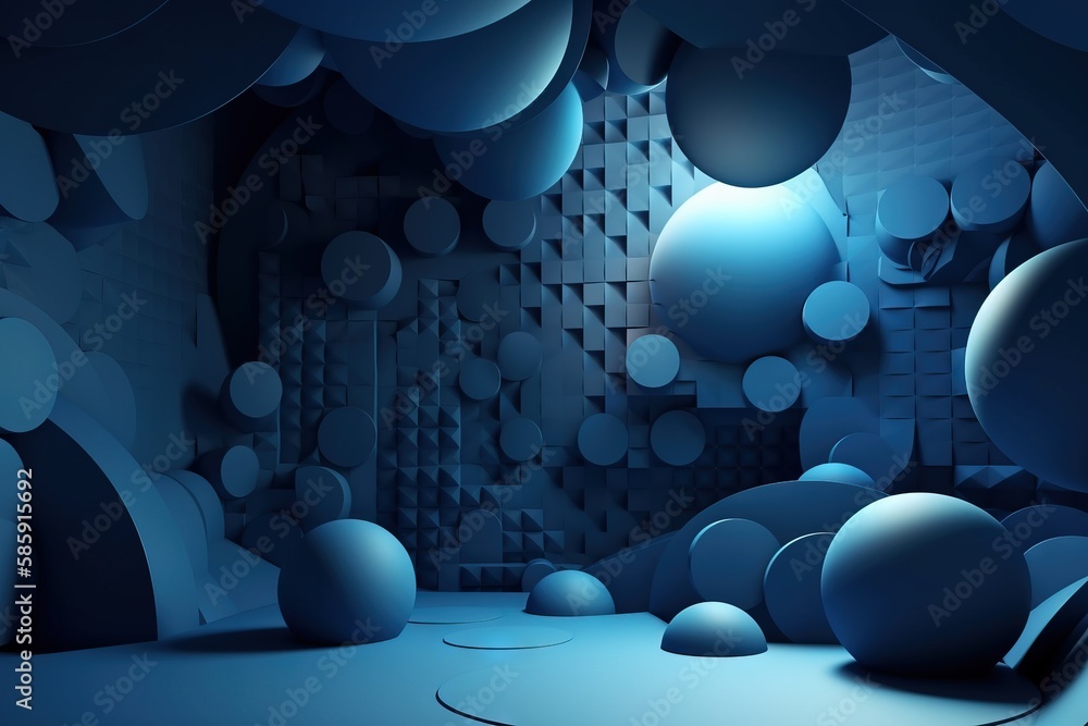  an abstract blue background with bubbles and circles on its walls and a circular object in the cen