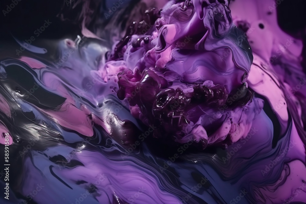  a close up of a purple and black substance with water droplets on it and a black background with wh