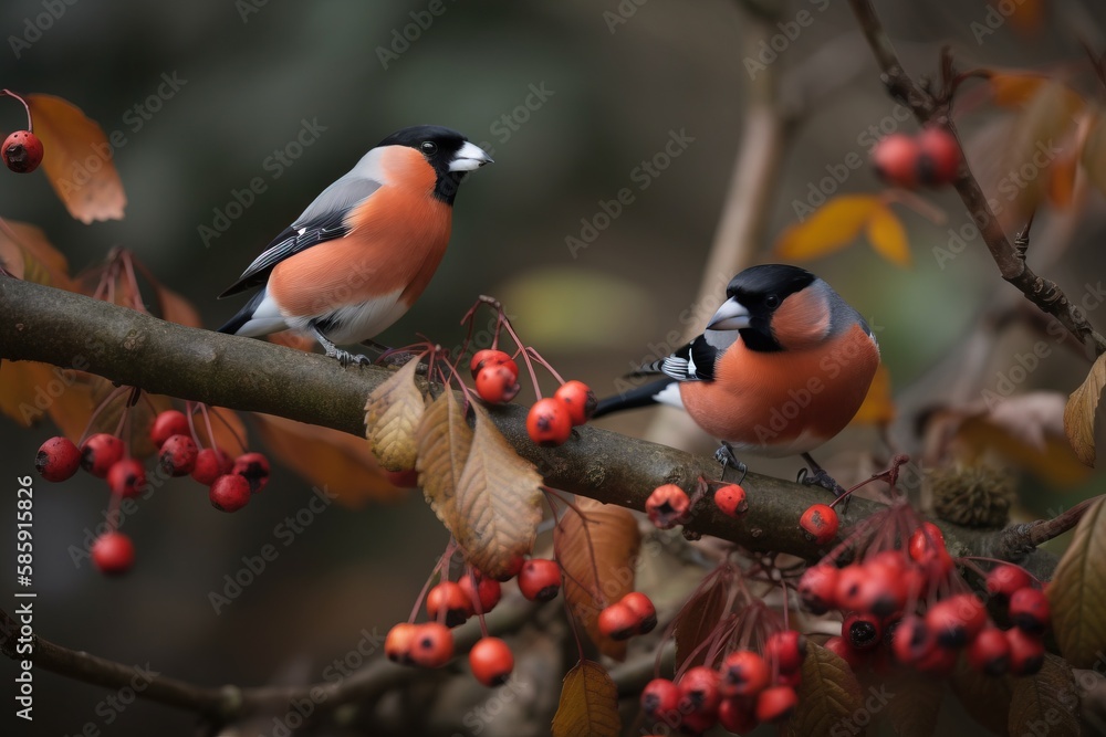  two birds perched on a branch with berries on its branches and leaves on the branches of the tree,