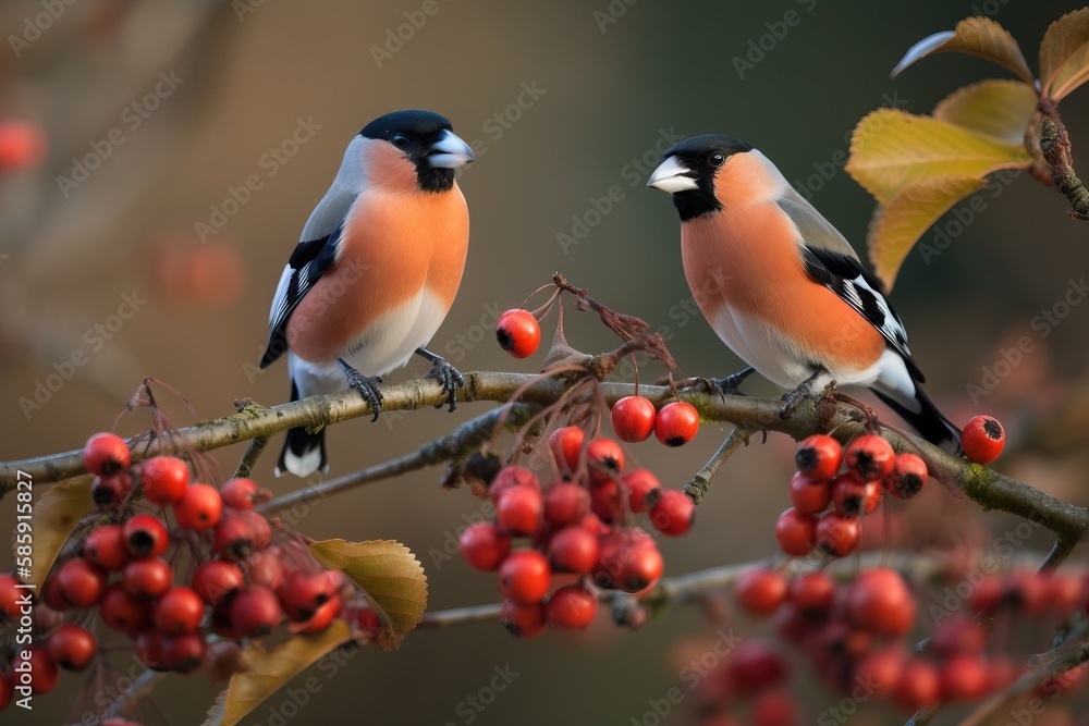  two birds sitting on a branch with berries on its branches and one bird is looking at the other bi