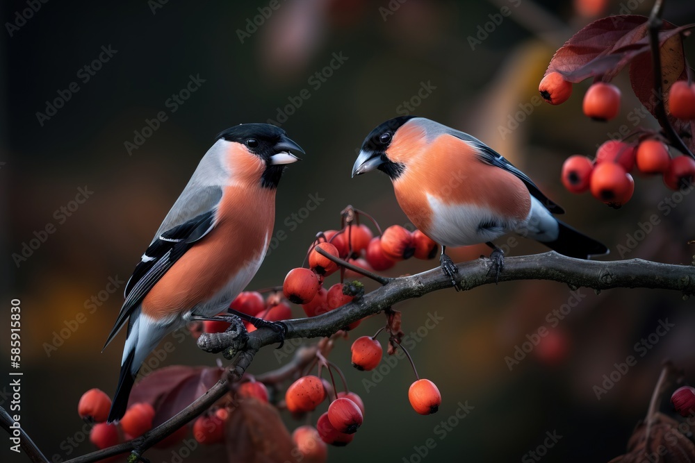  two birds sitting on a branch with berries on its branches and one bird standing on a branch with 