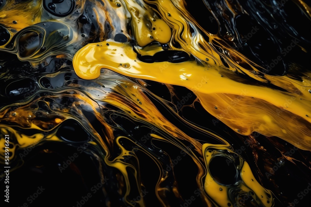  a black and yellow abstract painting with yellow and black paint on the bottom of it and a black ba