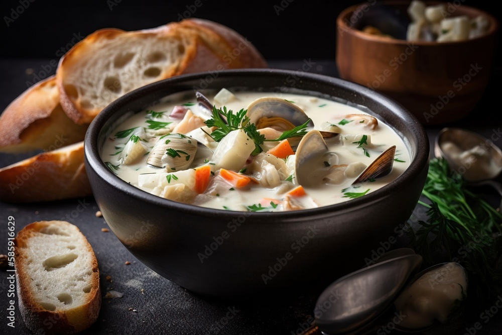  a bowl of soup with a spoon and bread on the side on a black surface with a spoon and a piece of br