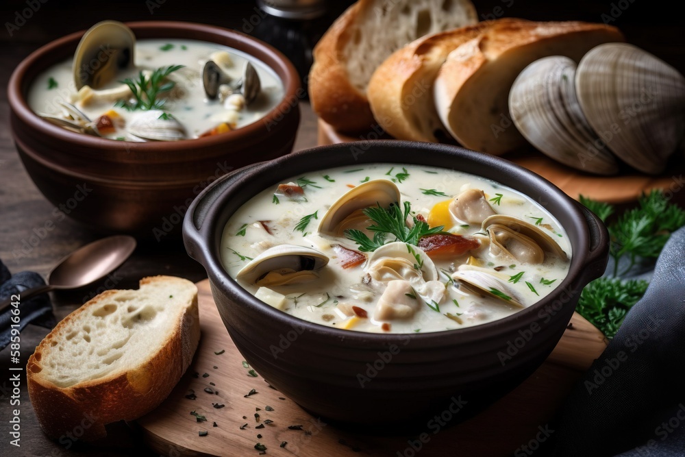  a bowl of soup with clams and bread on a cutting board with a spoon and a spoon on the side of the 