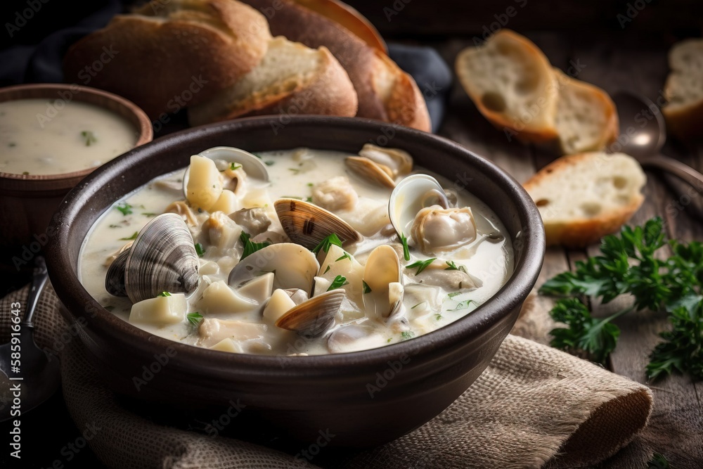  a bowl of clam chowee with bread and parsley on the side on a wooden table with a napkin and a spoo