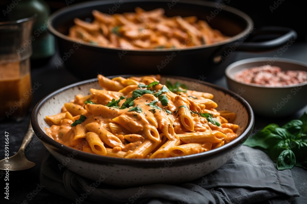  a bowl of pasta with sauce and parsley on a table next to a bowl of sauce and a glass of orange jui