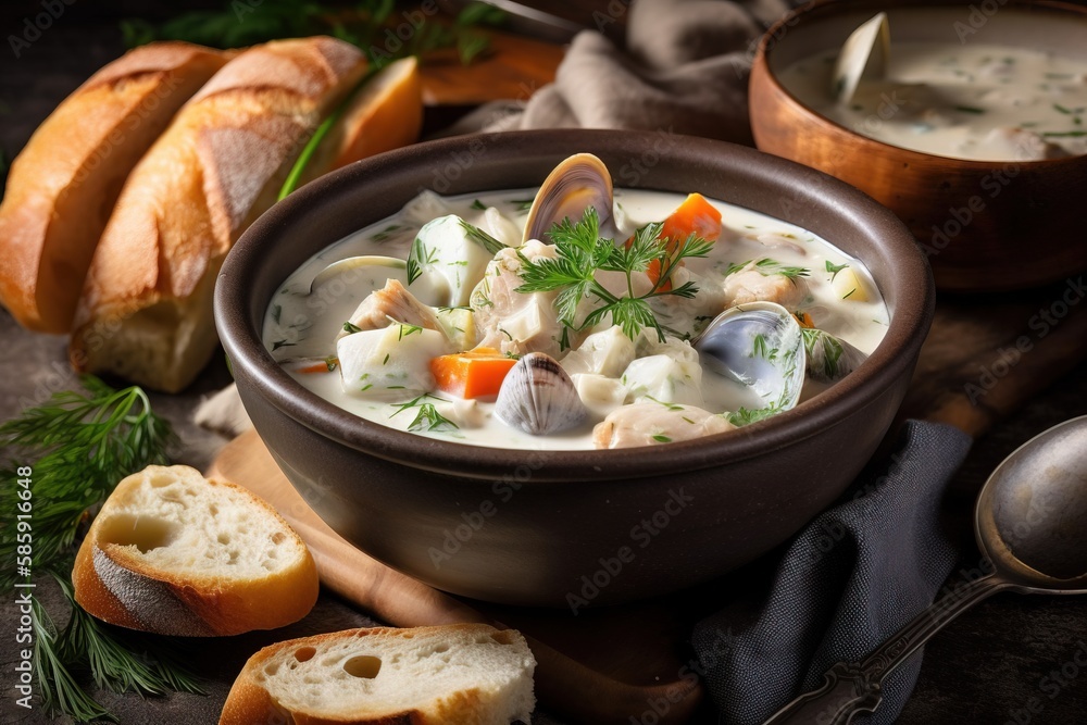  a bowl of clam chowder next to bread and a spoon on a wooden table with a spoon and a loaf of bread