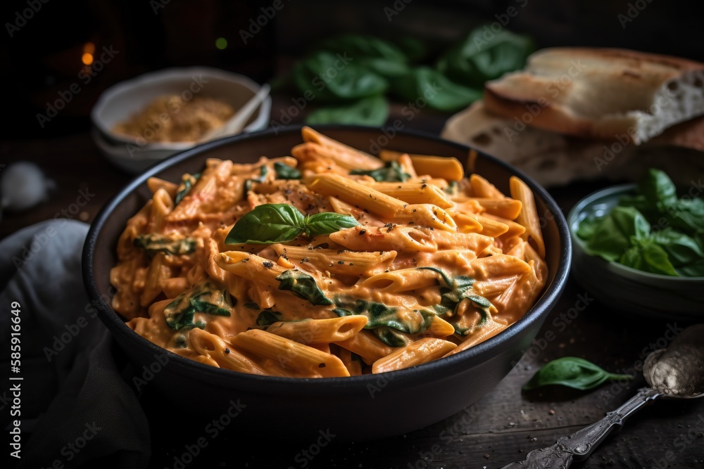  a bowl of pasta with spinach and bread on the side, and a bowl of spinach and bread on the side, al