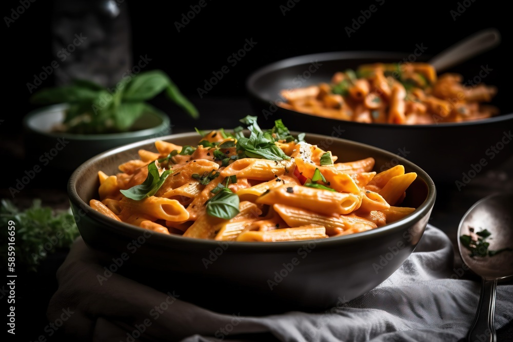  a bowl of pasta and a bowl of salad on a table with a cloth and spoon in the bowl and another bowl 