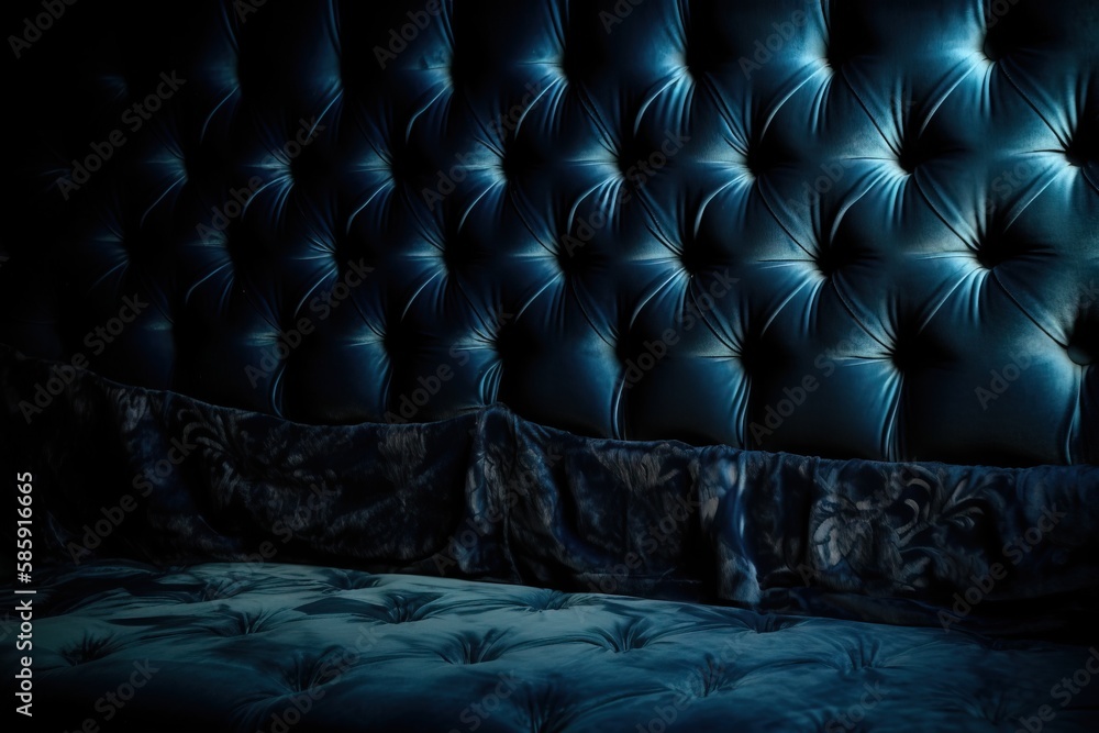  a dark room with a velvet headboard and a velvet bed skirt on the bottom of the headboard, and a bl