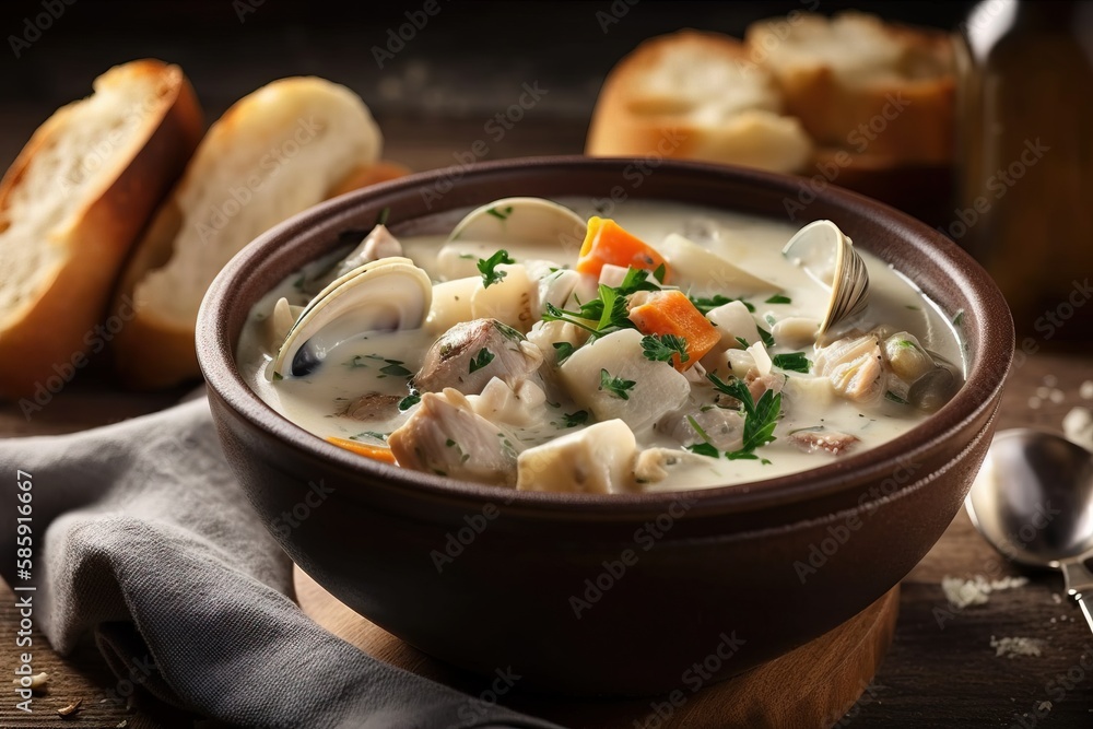  a bowl of soup with clams and bread on a table next to a spoon and a napkin on a wooden table with 