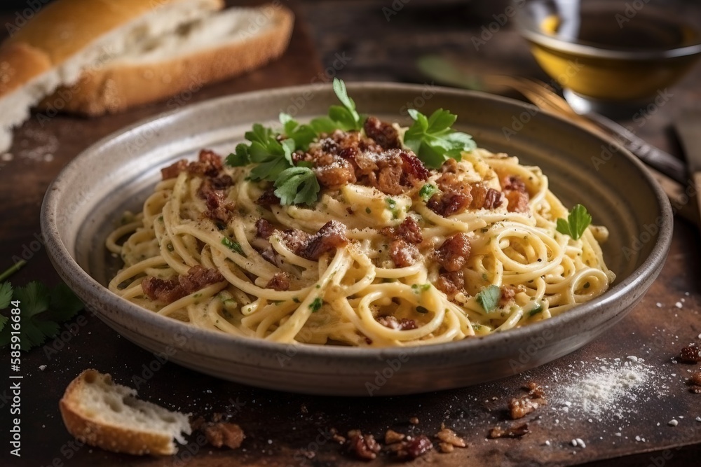  a bowl of pasta with bacon and parsley on a wooden table with bread and a glass of wine on the side