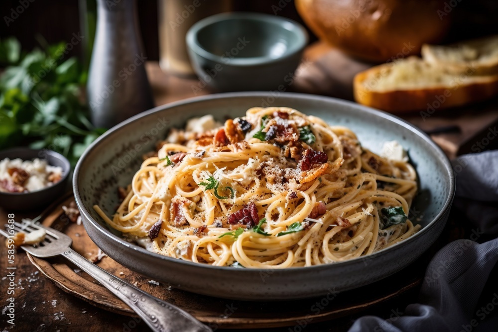  a bowl of pasta with bacon and parmesan cheese on a wooden table with bread and breadcrumbs in the 