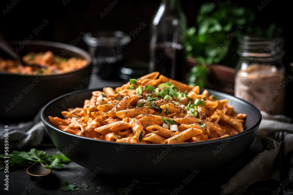  a bowl of pasta with parsley and parsley on the side of the bowl and a bottle of wine in the backgr